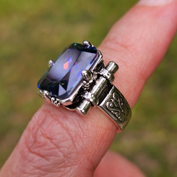 Mystic Topaz Etched Art Silver Ring Size 6 - Picture 7 of 13